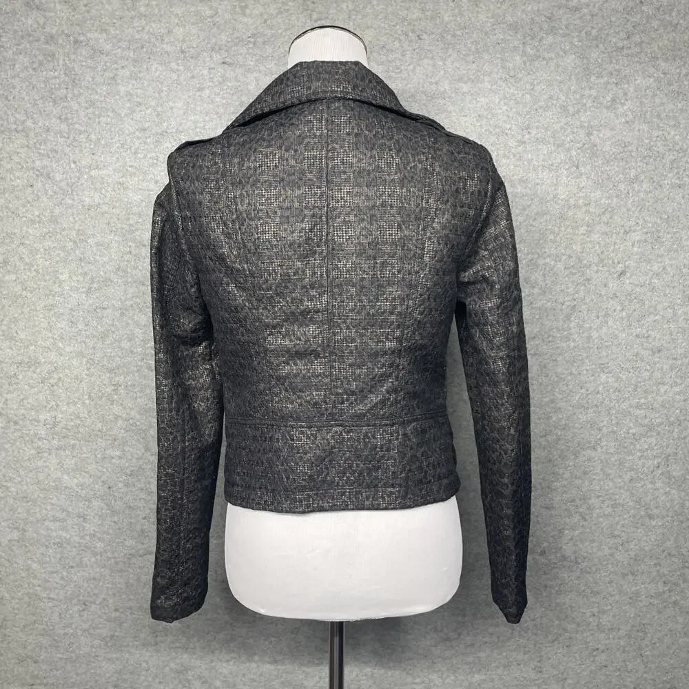 FP We The Free Moto Jacket Sz 4 Textured Tweed Grey Red Zip Edgy Biker Cool Girl